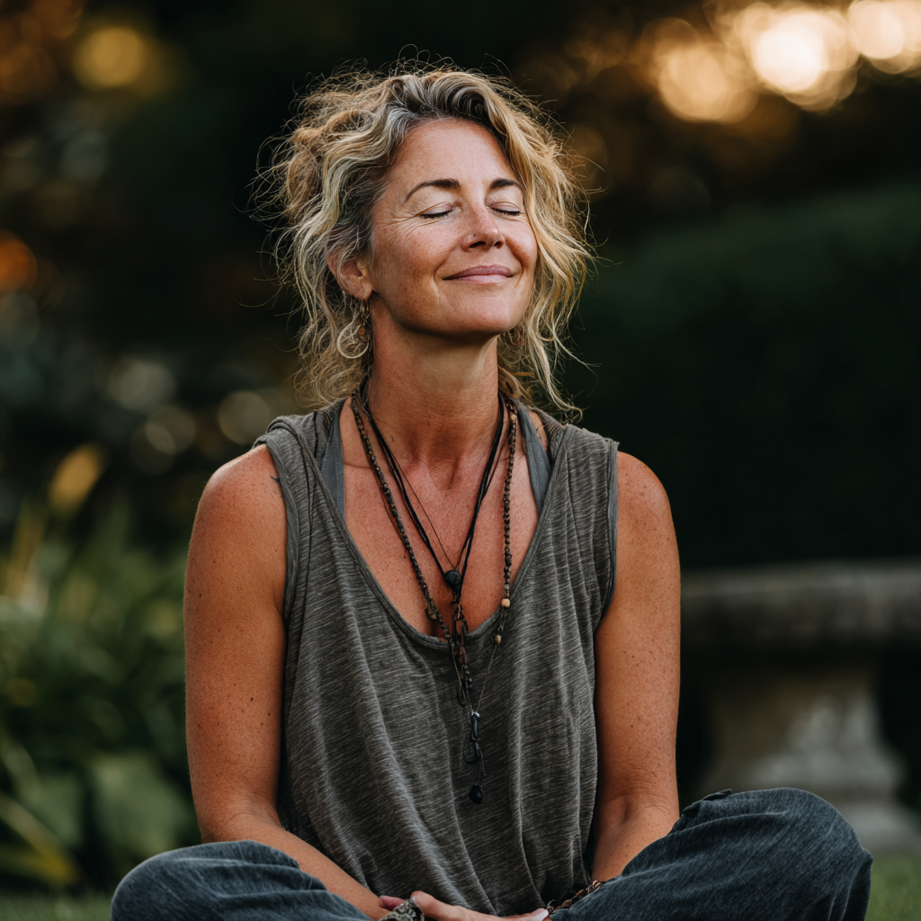 Smiling woman in her late 40s sitting in meditation pose with peaceful expression in natural outdoor setting with greenery